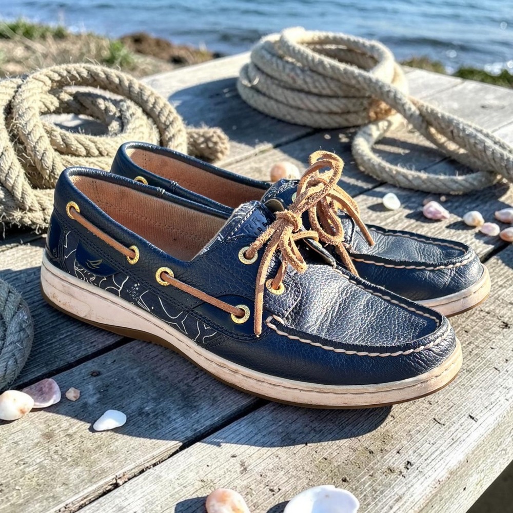 Nautical Preppy Boat Shoes Sperry Top-Sider 6M Navy Blue Leather Fabric Upper